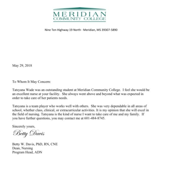 Letter of recommendation from the Dean of Nursing at Meridian Community College, May 2018